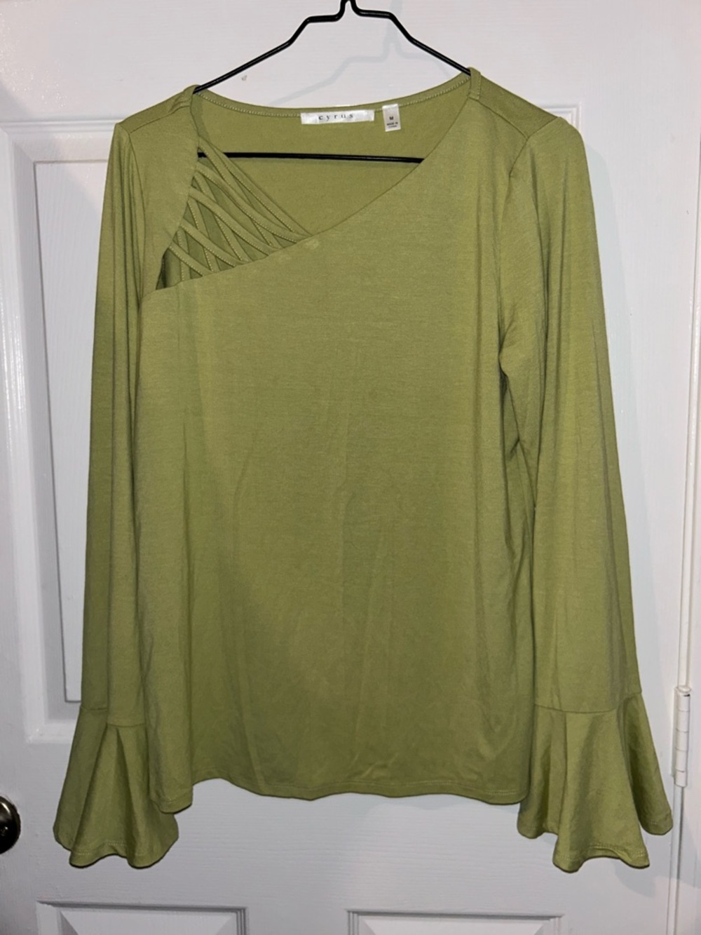 Cyrus Olive Green Long Sleeve Top with Lattice Neckline